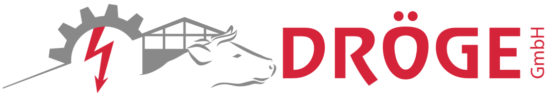 Logo der Dröge GmbH- Eine Bildcollage aus Stall, Zahnrad, Blitz und Kuh in den Farben Grau und Rot